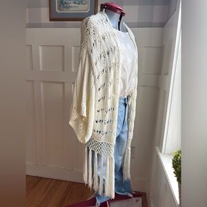 Jackson Rowe Ivory Open-Knit Fringe Poncho Cardigan Onesize